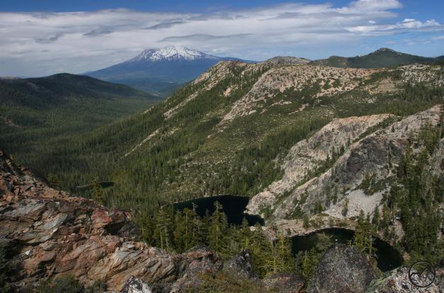 Mount Shasta stands regally beyond the Cliff Lakes, the headwaters of the South Fork of the Sacramento River. Trinity Divide, Many Lakes Mountain - June2012 048 copy (Custom)