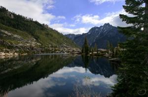 Sawtooth Peak reflects in the calm water of Boulder Creek Lake. Trinity Alps, Canyon Creek II - May2007 076 copy (Custom)