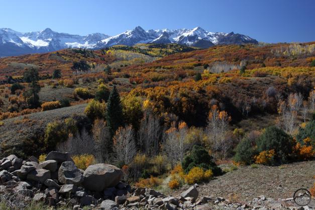 Another view of fall color below the towering Sneffels Range.