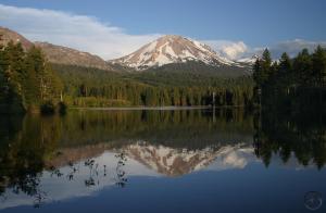 Lassen Peak reflects in Manzanita Lake