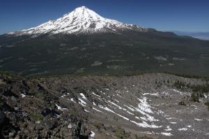 Mount Shasta towers above the Ash Creek Butte Rock Glacier.