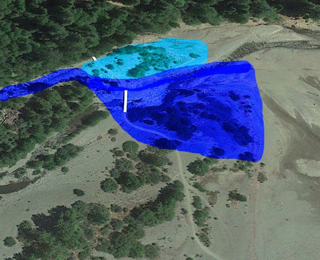 The light blue is areas washed out in 2015. The dark blue are the areas washed out this winter.