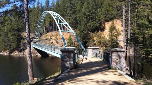 My two older kids run over the Wagon Creek Bridge at Lake Siskiyou.